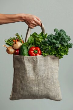 Sackcloth bag with farm vegetables on neutral background. Food delivery, grocery shopping and eco-friendly package concept. Mockup view for poster, banner, flyer, ad, card