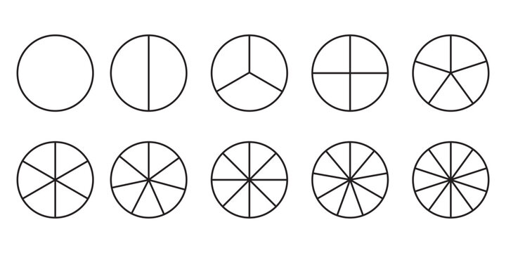 Segments on Divided circle set of  10 piece, Circles with sections set, black line pie charts with divisions, diagram collection,  Hollow circle divided in ten parts