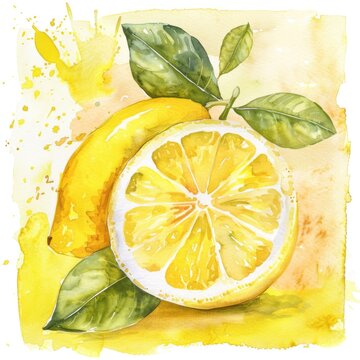  Lemon watercolor clipart illustration with yellow background