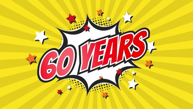 60th sixtieth anniversary - 60 sixty years birthday. Animated text on pop colorful background with rotating rays.