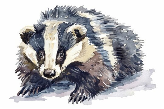 A watercolor clipart of a badger with characteristic black and white stripes on its face on a white background