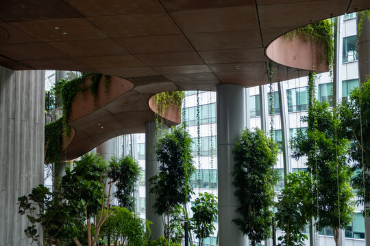 Singapore - 8 March 2024: View of the Green Oasis, an outdoor garden in the middle of the CapitaSpring building offers a re-connection with nature in the middle of the city