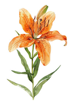 Watercolor illustration of a vibrant orange lily flower with green leaves. Ideal for nature, floral designs, or botanical artwork.