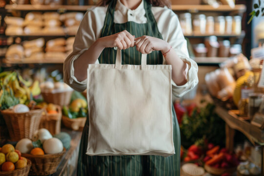 A white blank shopper bag held at chest level, against the backdrop of a vintage farm grocery store interior, offers a rustic charm and simplicity for branding or promotion, mockup