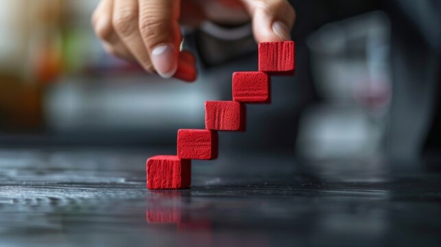 A young child carefully stacks red blocks on a wooden table, symbolizing the process of building knowledge, skills, and creativity through play and learning