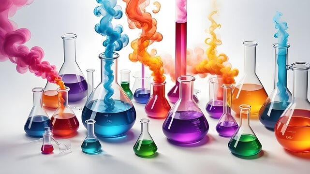 Chemical background, colorful laboratory glassware with swirling smoke. Science concept