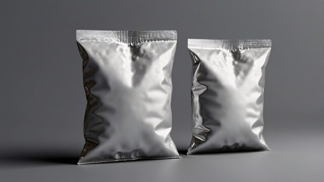 3d render of blank white foil bag packaging for chips or snacks  mockup isolated on gray background,product, plastic, bag, blank, mockup, template, container, white, food, retail, glossy, pouch