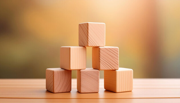 Six natural wooden blocks stacked pyramidally on table, blurred background, educational use with letters or numbers.