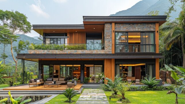 two-story morden house with an area of about 200 square meters, surrounded by green trees and grasslands in the mountains.