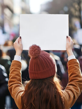 Young woman activist in a crowd of protesters holds up a blank protest sign placard with copy space winter hat closeup view from behind demonstration political rally