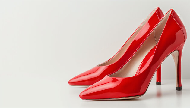 Pair of glossy red high-heeled shoes with pointed toes, arranged on a plain white background, exuding style