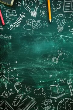 A green chalkboard background with white chalk doodles of school supplies, including light bulbs, books, stars, and hearts. Perfect for a back to school theme. Back to school