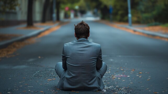 A distressed businessman sitting on the road in back view. Young businessman in a suit with a slumped and desolate posture sitting on the asphalt.