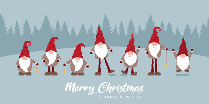 christmas greeting card with cute christmas dwarf in winter vector illustration