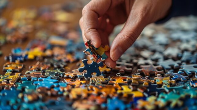 Closeup of hand placing jigsaw puzzle piece.