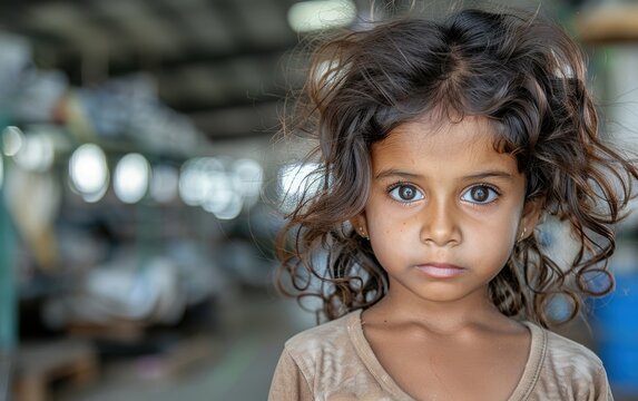 A young Indian girl with long dark hair and a serious expression looks directly at the camera in a blurred factory setting