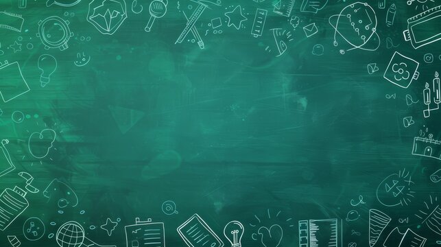 Green school teacher's chalkboard background with doodle and blank copyspace for the concept of education success and childhood imagination