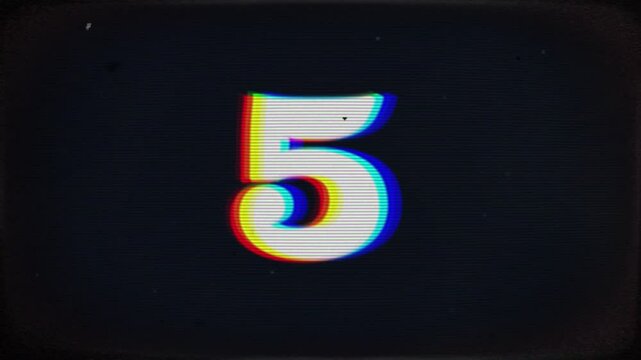 Countdown animation from 10 to 0 on television or computer screen with glitches, static and flickering effects