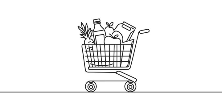 One continuous line drawing grocery cart. Shopping in hypermarket concept.