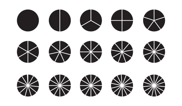 Segments of circle with 1 to 15 pieces. Info graphic icons circles set divided radius in black and white color vector image. Divided circle sections, Black round diagram. Divided circle sections.