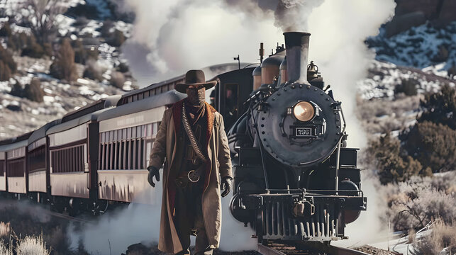 Cowboys in bandanas hold up a train with guns during a wild west robbery.