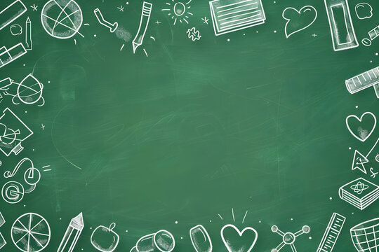 Green chalkboard background with educational doodles around the border, perfect for back to school or educational themes.