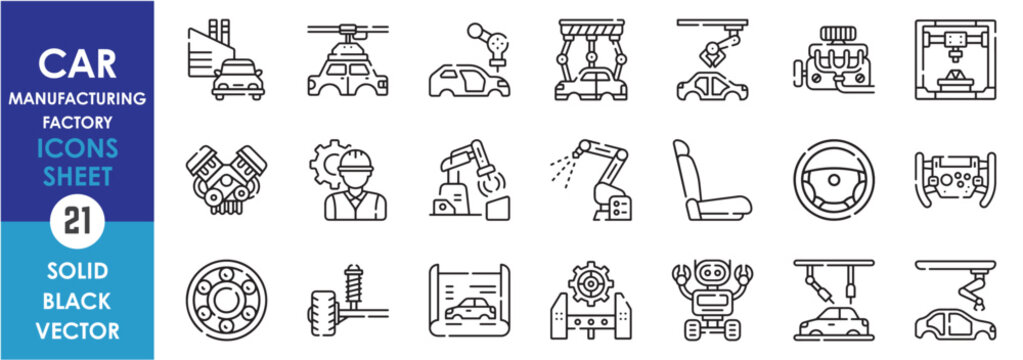 A set of line icons related to car manufacturing and factory. Car, factory, blueprint, engine, mechanic, auto, robotic, seat, steering and so on. Vector outline icons set.