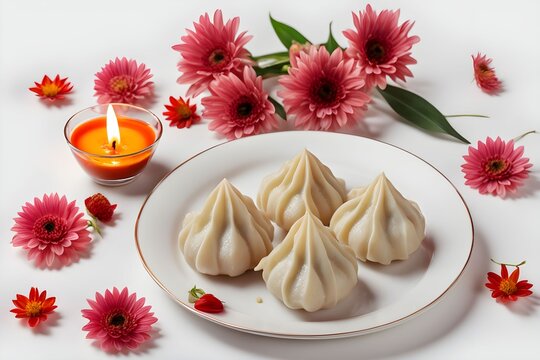 Modak on the plate with oil lamp and flowers, white background