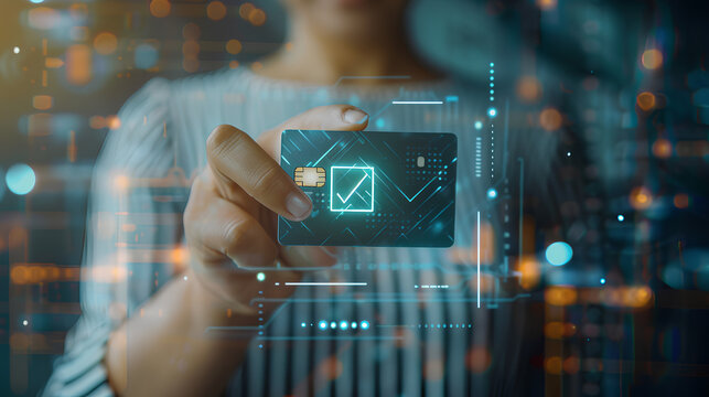 Secure Online Payment Transaction Process concept. Person confirming a secure online payment using a credit card through a digital interface with verification tick symbol. Internet banking, fintech,