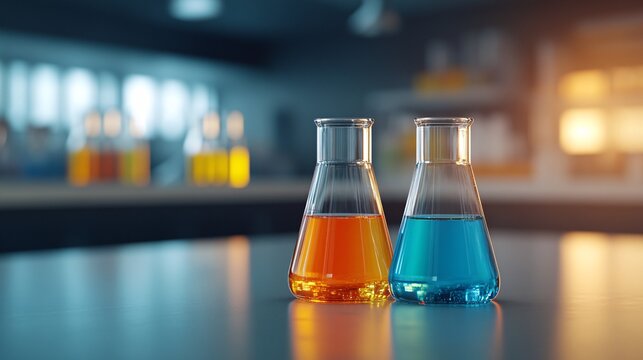 Laboratory beakers with colorful liquids.