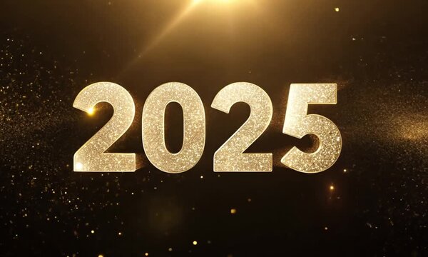 The number 2025 year displayed in large, golden, glittering font against a dark background with sparkling particles and a glowing light effect