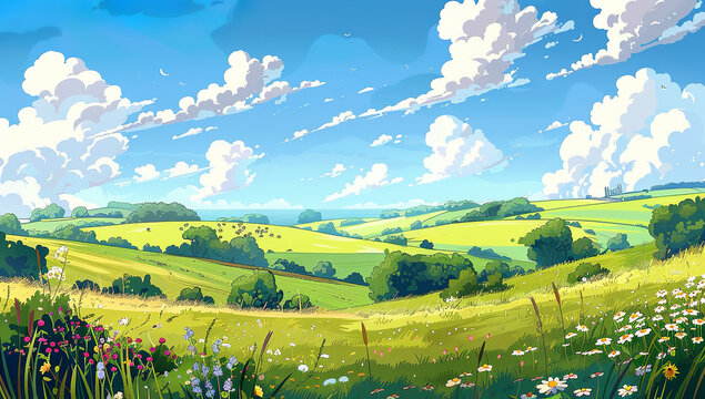 A beautiful cartoon illustration of the English countryside with...