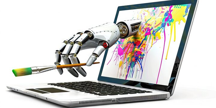 laptop with robot hand holding paintbrush