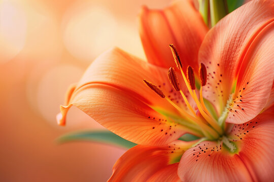 Macro shot of a vibrant orange lily in full bloom, showcasing intricate details of petals, stamen, and pistil. A beautiful tropical floral design perfect for summer banners.