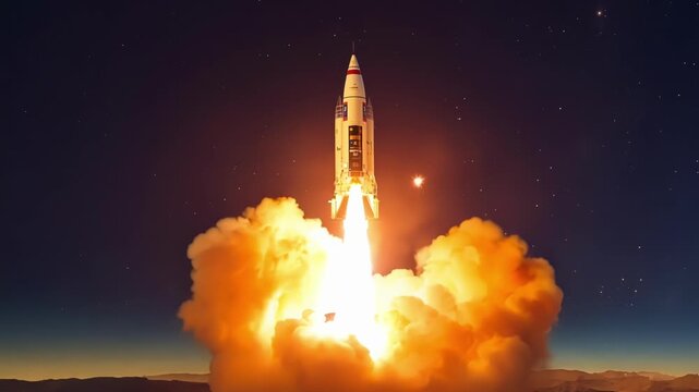 A rocket is launched in the early morning, illuminating the dark sky as it ascends, leaving a trail of smoke behind against a desert backdrop.