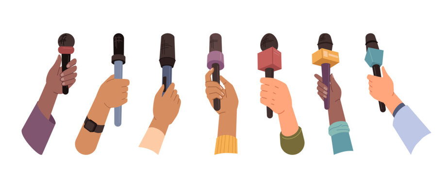 Microphones in hands, audience, reportage and communication flat cartoon vector illustrations. Radio or television interviews, arms with mics and recording equipment