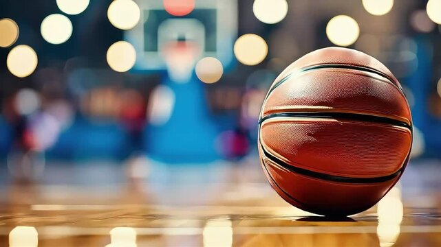 Close-up of a basketball on a wooden court with blurred background lights.