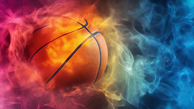 A basketball is sitting in a cloud of smoke. The smoke is red, blue, and purple