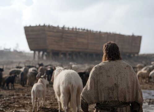 Noah's journey, depiction of religious personality Noah and his ark, illustrating biblical story of salvation and survival, highlighting his faith and significance of great flood narrative.