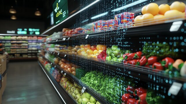 A supermarket aisle with fresh produce on display. The shelves are stocked with colorful fruits and vegetables, creating a vibrant and inviting scene.