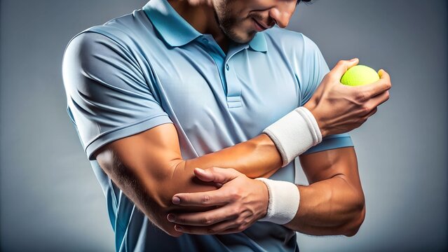 an individual experiencing tennis elbow, also known as lateral epicondylitis. person is holding a tennis ball and wearing elbow and wrist supports, suggesting a focus on sports injury rehabilitation. 