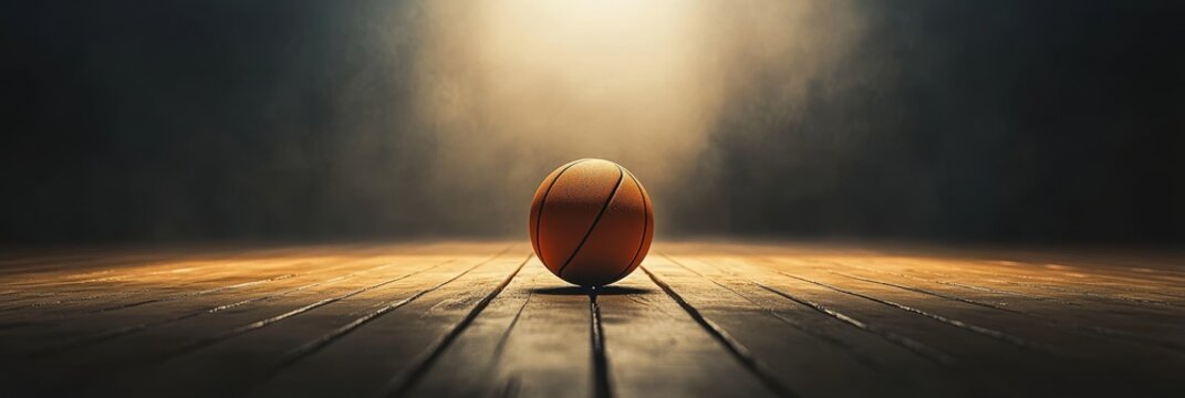 A basketball is sitting on a wooden floor in a dimly lit room