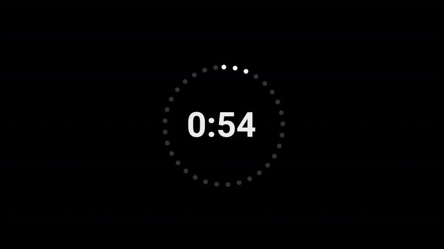 One minute countdown animation from 60 seconds to 0 seconds on a transparent background, One minute countdown timer with alpha channel