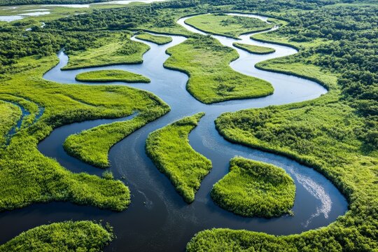 An aerial view of winding rivers weaving through lush, green wetlands, showcasing the natural beauty and intricate waterways of the vibrant landscape.