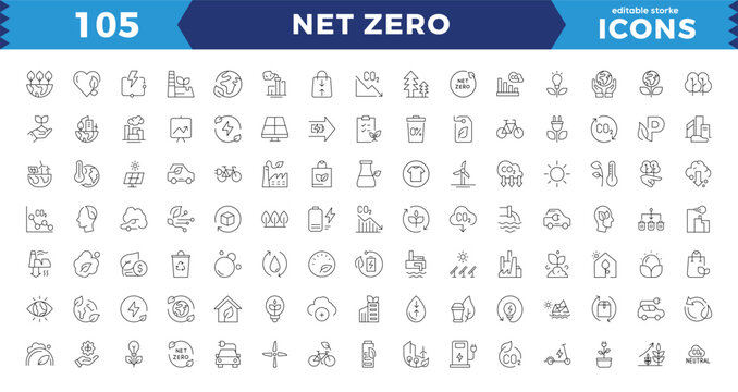 net zero, eco, sustainable development editable stroke outline icons set isolated on white background flat vector illustration. Wind Turbine, Carbon Footprint, Sustainability, Editable line