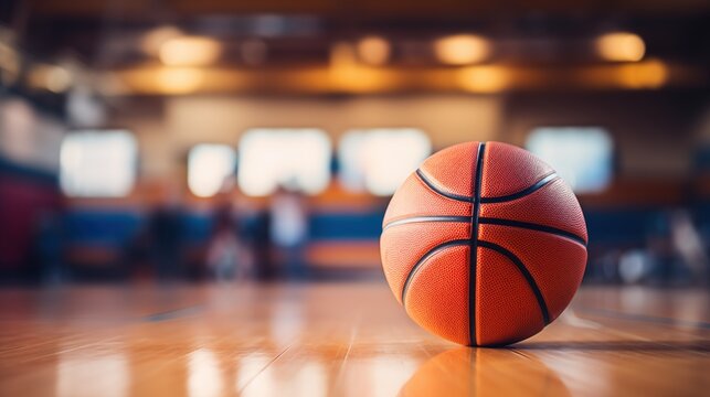 A close-up of a basketball background on a wooden gym floor, with a blurred background of a basketball court. The ball is orange with black lines, showcasing its texture and details.