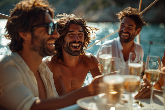 A panoramic view captures exhilarating sight of a group of men and women, laughing and toasting champagne, as they revel in luxury of an outdoor celebration on a catamaran yacht, sailing through spar