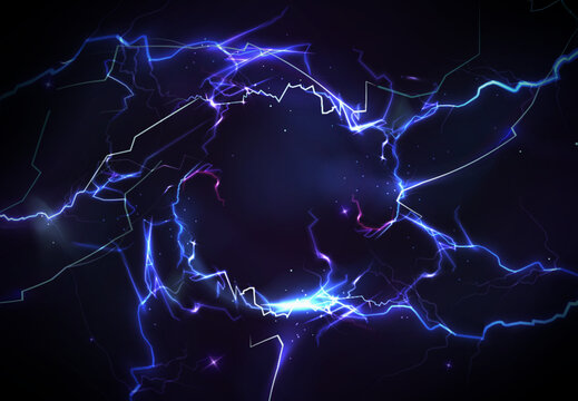 Blue thunder bolt light and electric energy discharge in form of circle on black background. Realistic 3d vector illustration round frame from storm lightning power effect. Thunderbolt strike border.