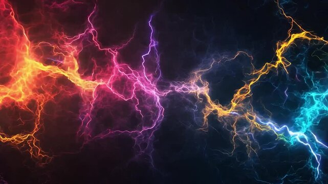 Bright lightning bolts in various colors burst against a dark backdrop, creating a dynamic and electric atmosphere.