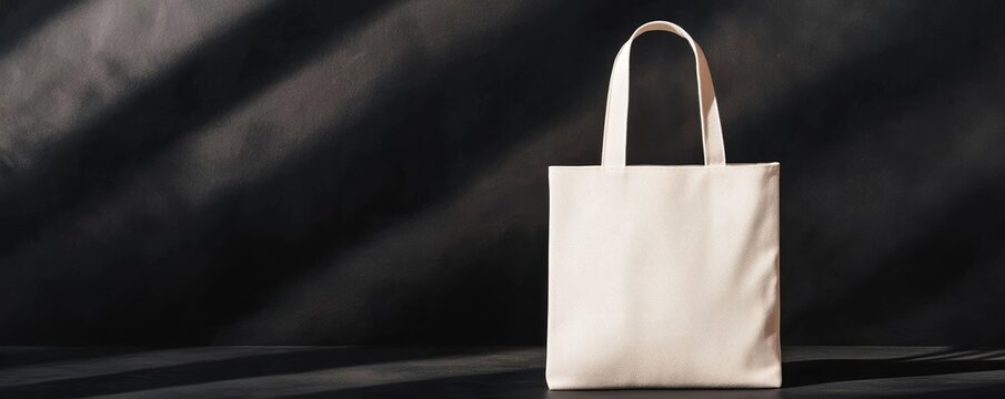 Isolated plain white canvas tote bag, dramatic shadows against a black background, rustic and sophisticated atmosphere